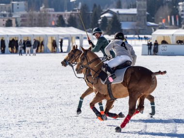 St. Moritz - January 29, 2023: Game actions at the Snow Polo World Cup St.Moritz 2023 finals
