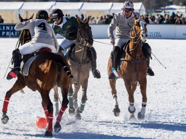 St. Moritz - January 29, 2023: Game actions at the Snow Polo World Cup St.Moritz 2023 finals