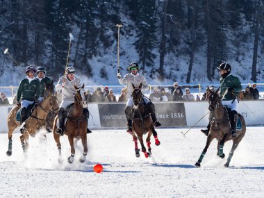 St. Moritz - January 29, 2023: Game actions at the Snow Polo World Cup St.Moritz 2023 finals