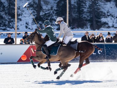 St. Moritz - January 29, 2023: Game actions at the Snow Polo World Cup St.Moritz 2023 finals