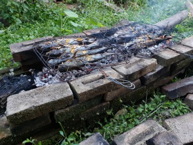 Kızgın kömürün üstünde ızgara yayın balığı.