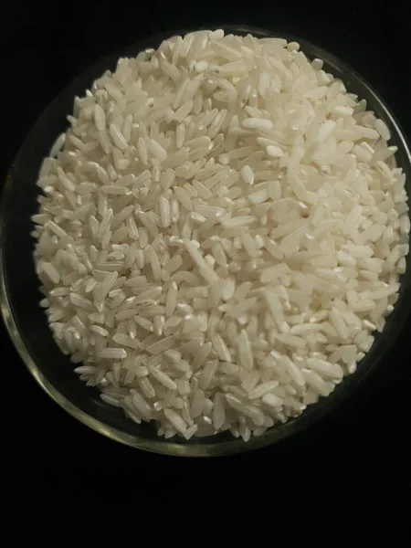 Λευκό Ρύζι Μαύρο Μπολ Μαύρο Φόντο — Φωτογραφία Αρχείου
