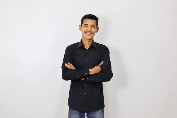 Šťastný Usmívající Pohledný Asijský Muž Modré Košili — Stock fotografie