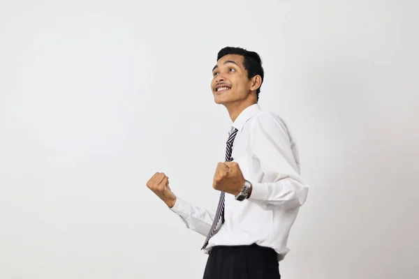 Portrait Jeune Homme Asiatique Célébrant Succès Sur Fond Blanc — Photo