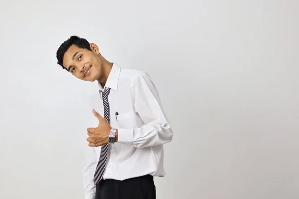 Porträtt Ung Asiatisk Man Firar Framgång Vit Bakgrund — Stockfoto