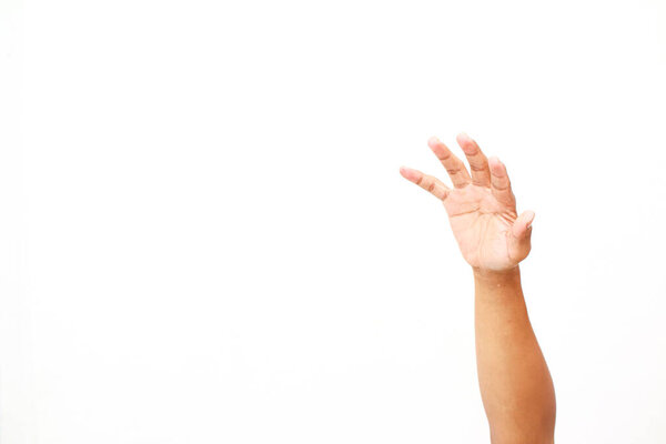 A hand reaches upward against a blank white backdrop, suggesting a grab for something.