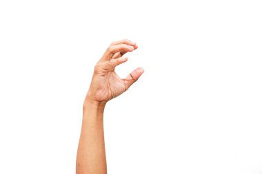 Ayrı bir el hareketi dijital manipülasyon için parlak beyaz bir zemine uzanıyor.