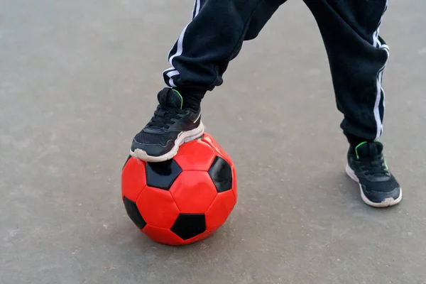 Close Boys Foot Soccer Ball — Stock Photo, Image