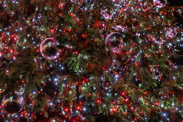 Red, White and Green Christmas Tree Lights. Outdoor Decorated Christmas Tree With Garland And Baubles