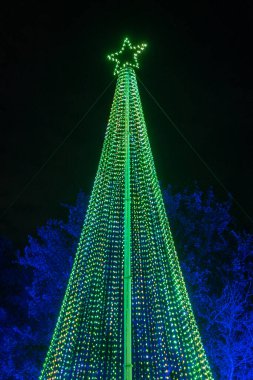 Işık gösterisinde hareket eden ışıkları olan ışıklandırılmış Noel ağacı.