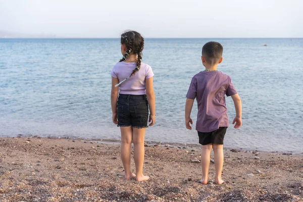 Arkaya bakan iki sevimli küçük çocuk sahilde durup yaz tatilinin tadını çıkarıyorlar..