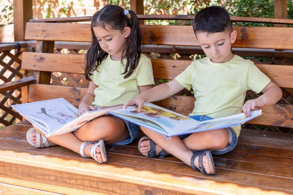 Літо Читають Хлопчик Дівчинка Книжках Сайті Street Library Молоді Діти Стокова Картинка