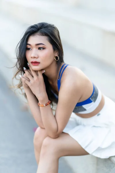 Portrait Beautiful Athletic Young Asian Woman Fashionable Sportswear Standing Having — ストック写真