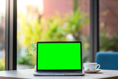 Kahve dükkanının arka planında kahve fincanı olan boş ekranlı dizüstü bilgisayarın modeli, yeşil ekran.
