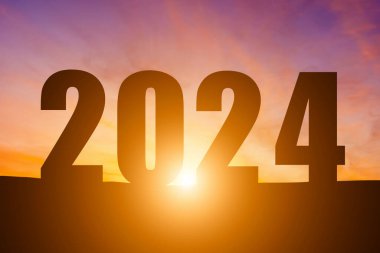 Happy New Year Numbers 2024, Silhouette the hill early morning sunrise over the horizon background, Happy new year concept. clipart