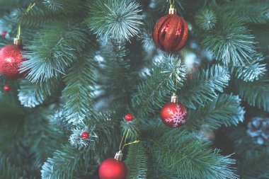 Mutlu Noel 'ler, renkli baloları, hediye kutusunu ve Noel kutlaması paketini kapatın, Noel ve Yeni Yıl boyunca Yeşil Noel ağacı arka planında çan süslemesi.