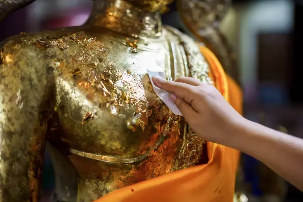 Close Asian Woman Tourist Gilding Gold Leaf Buddha Worship Faith — Stock Photo, Image