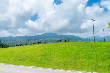 Halka açık bir yer geniş bir çim ve Park 'ta büyük bir ağaç manzarası ile rahatlamak için doğal orman dağ manzarası Chiang Mai Üniversitesi' nde beyaz bulutlu bir arka plan..