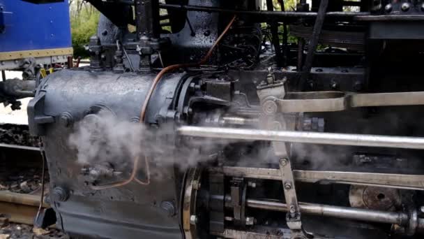 Detailaufnahme Einer Dampflokomotive Mit Rauch Schwarzer Zug Der Auf Einem — Stockvideo