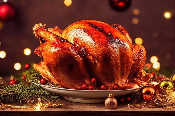 Juicy and tasty roast turkey on plate with Christmas decoration.