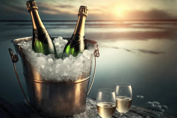 Two glasses and a bottle of champagne in a metal bucket with ice at the beach night New Year's party celebration.