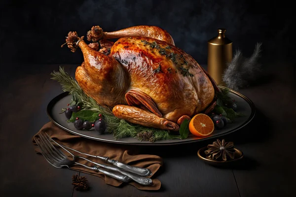 Juicy and tasty roast turkey on plate with Christmas decoration.