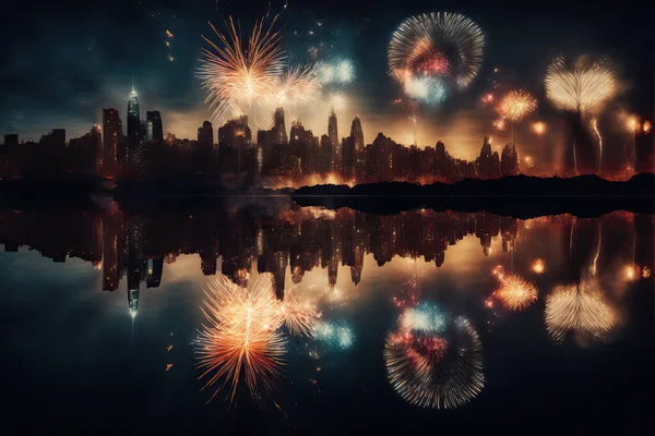 New Year's Eve party with fireworks exploding over city skyline with reflections in water and Fourth of July festival.