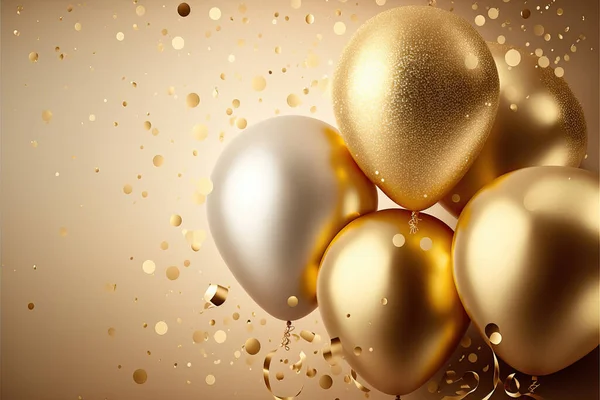 Gold foil party balloons on gold confetti background and shiny serpentine for New Year festive panel.