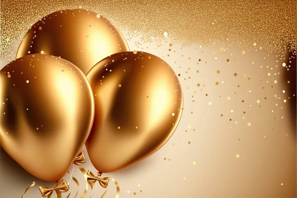 Gold foil party balloons on gold confetti background and shiny serpentine for New Year festive panel.