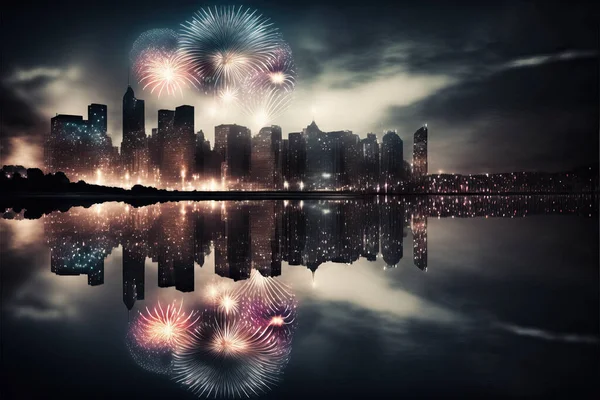 New Year\'s Eve party with fireworks exploding over city skyline with reflections in water and Fourth of July festival.