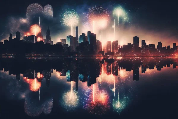 New Year\'s Eve party with fireworks exploding over city skyline with reflections in water and Fourth of July festival.