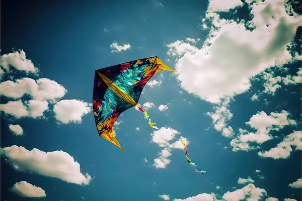 Kite Parrot flying in the blue sky between clouds in concept for International Festival of Kites.