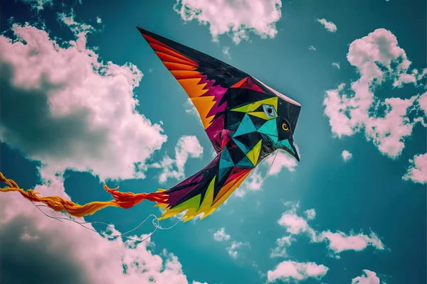 Kite Parrot flying in the blue sky between clouds in concept for International Festival of Kites.