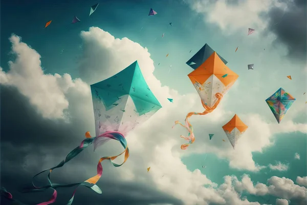 Various types of kites flying in the blue sky among clouds in concept for international kite festival.