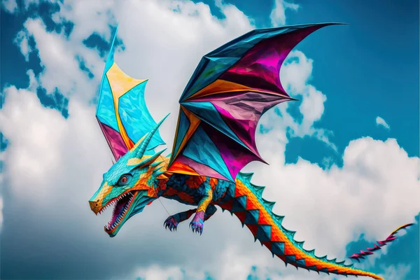 Dragon kite flying in the blue sky between clouds in concept for international festival of kites.