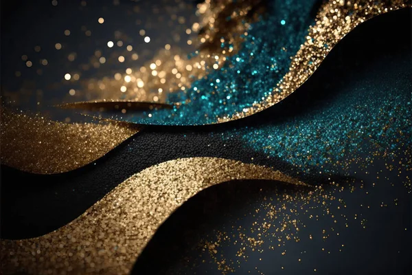 Blue and yellow abstract background for carnival party concept with gold foil, streamers and shiny confetti.