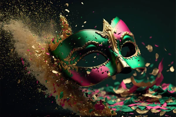Green and pink carnival mask with glitter on a background of gold foil, confetti and streamers.