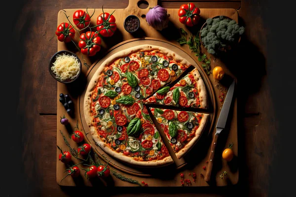 Vegan garlic pizza with broccoli, beans, greens and mushrooms.