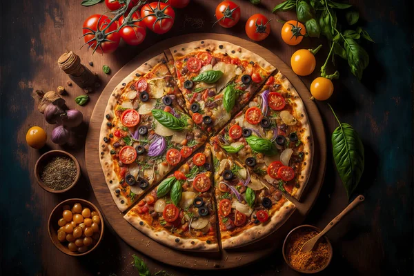 Vegan garlic pizza with broccoli, beans, greens and mushrooms.