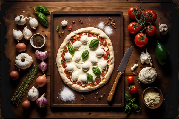 Traditional italian buffalo mozzarella pizza tomato sauce and arugula.