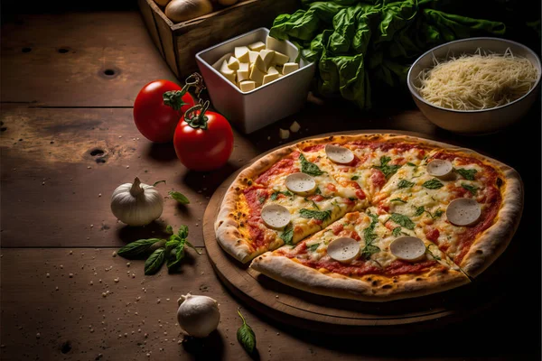 Traditional italian buffalo mozzarella pizza tomato sauce and arugula.