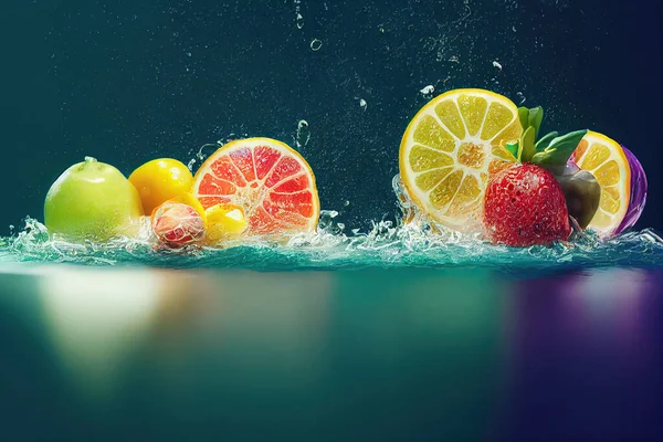 Fruits and vegetables with clean water splash.