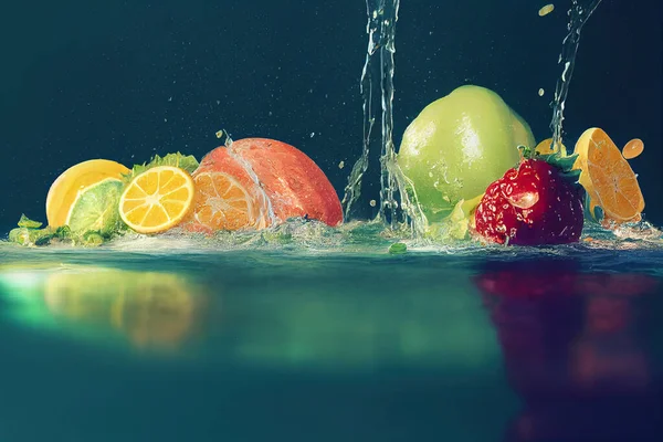 Fruits and vegetables with clean water splash.