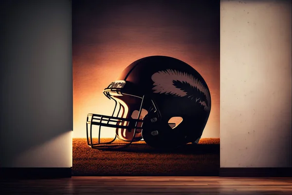 American football themed poster and wallpaper for Super Bowl featuring football helmet, ball, player and stadium.