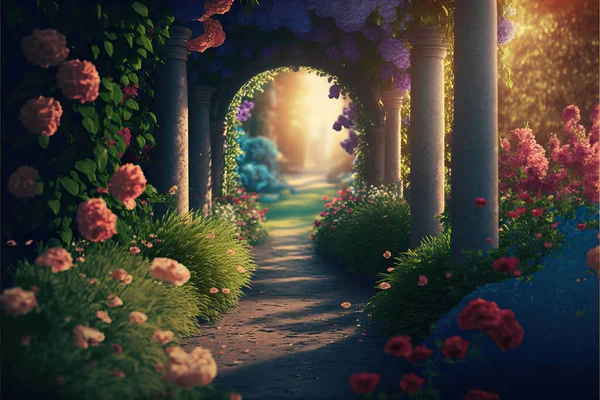 A beautiful secret fairytale garden with flower arches and beautiful tropical forest with colorful vegetation.