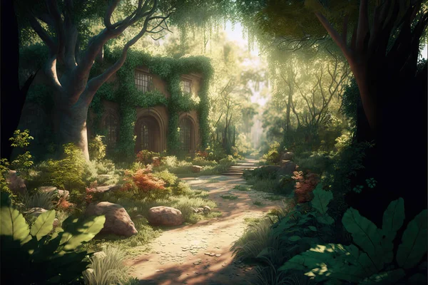 A beautiful secret fairytale garden with flower arches and beautiful tropical forest with colorful vegetation.