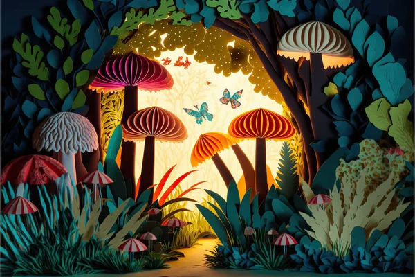 Background with landscape of a beautiful fairy tale tropical forest all made of paper, cut out and colored cardboard.
