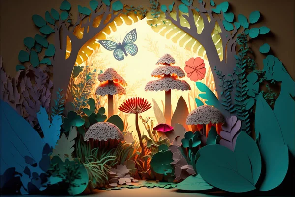 Background with landscape of a beautiful fairy tale tropical forest all made of paper, cut out and colored cardboard.