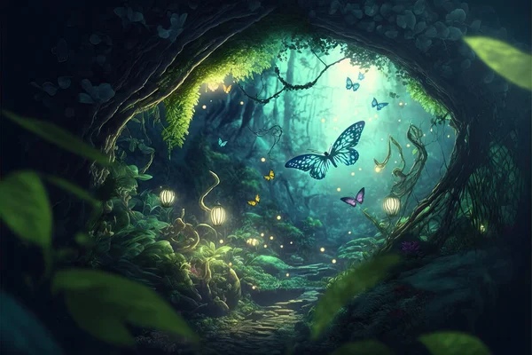 A beautiful fairy tale enchanted forest with big trees, tropical vegetation and many colorful insects.