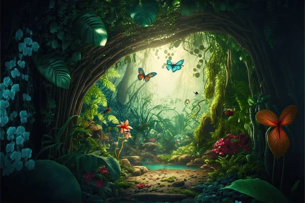 A beautiful fairy tale enchanted forest with big trees, tropical vegetation and many colorful insects.